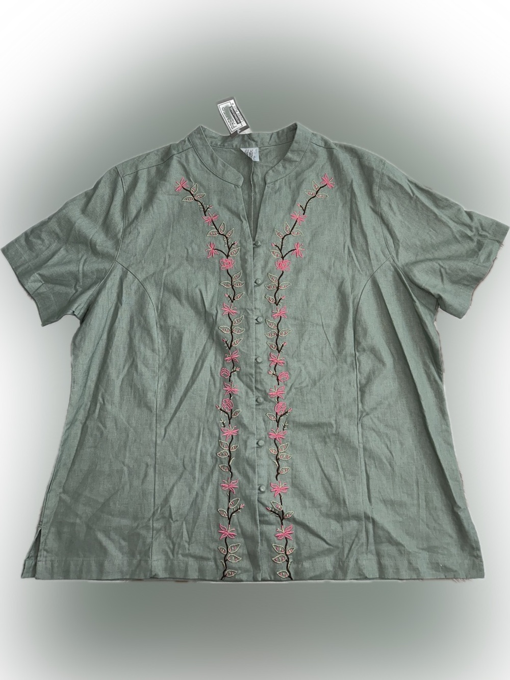 Embroidered Light Green Mandarin Collar Top with Pink Floral Accents